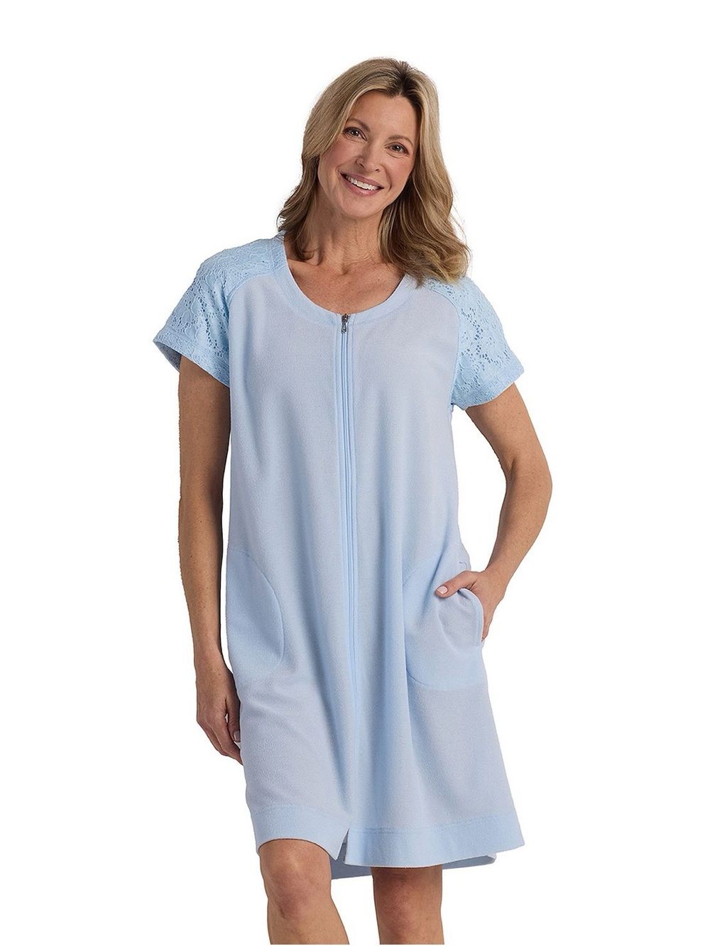 Miss Elaine Light Blue Zip-Front Nightgown with Lace Sleeves